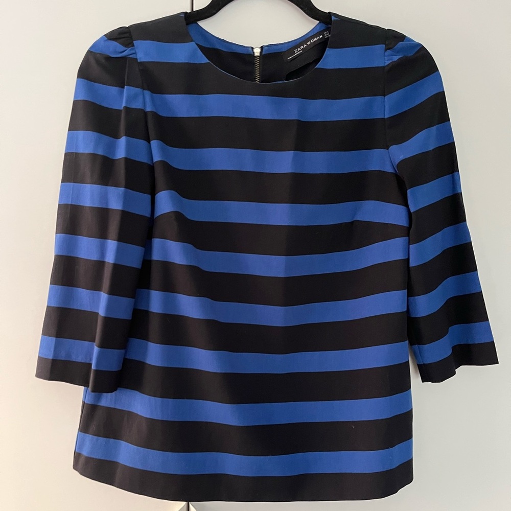 Zara Woman Black & Blue Striped Blouse S